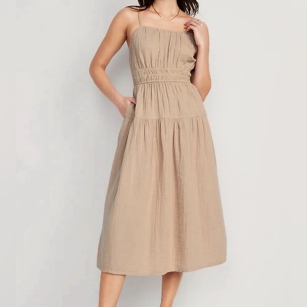 NWT Waist-Defined Smocked Cotton Tiered Midi Cami Dress, Dried Linen color, 2X